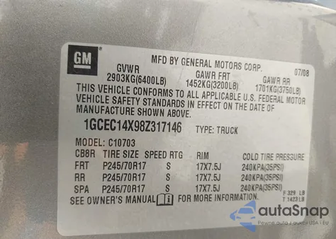 2008 Chevrolet Silverado 1500 Work Truck из США, поврежденный, VIN 1GCEC14X98Z317146